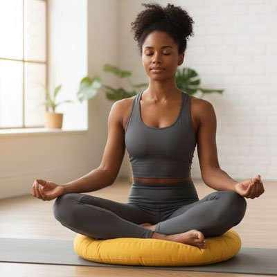 femme assise sur un zafu jaune