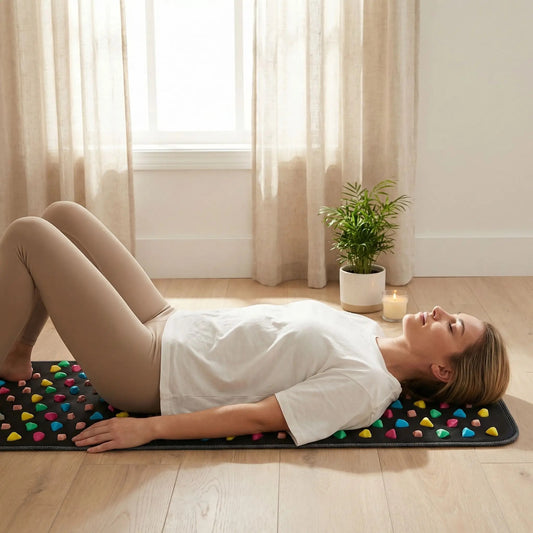 femme coucher sur un tapis d acupression