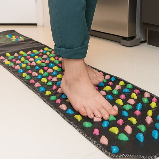 femme debout pied nue sur un tapis d acupression