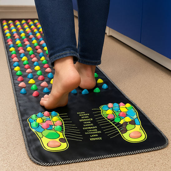 personne qui traverse un tapis d acupression pied nue
